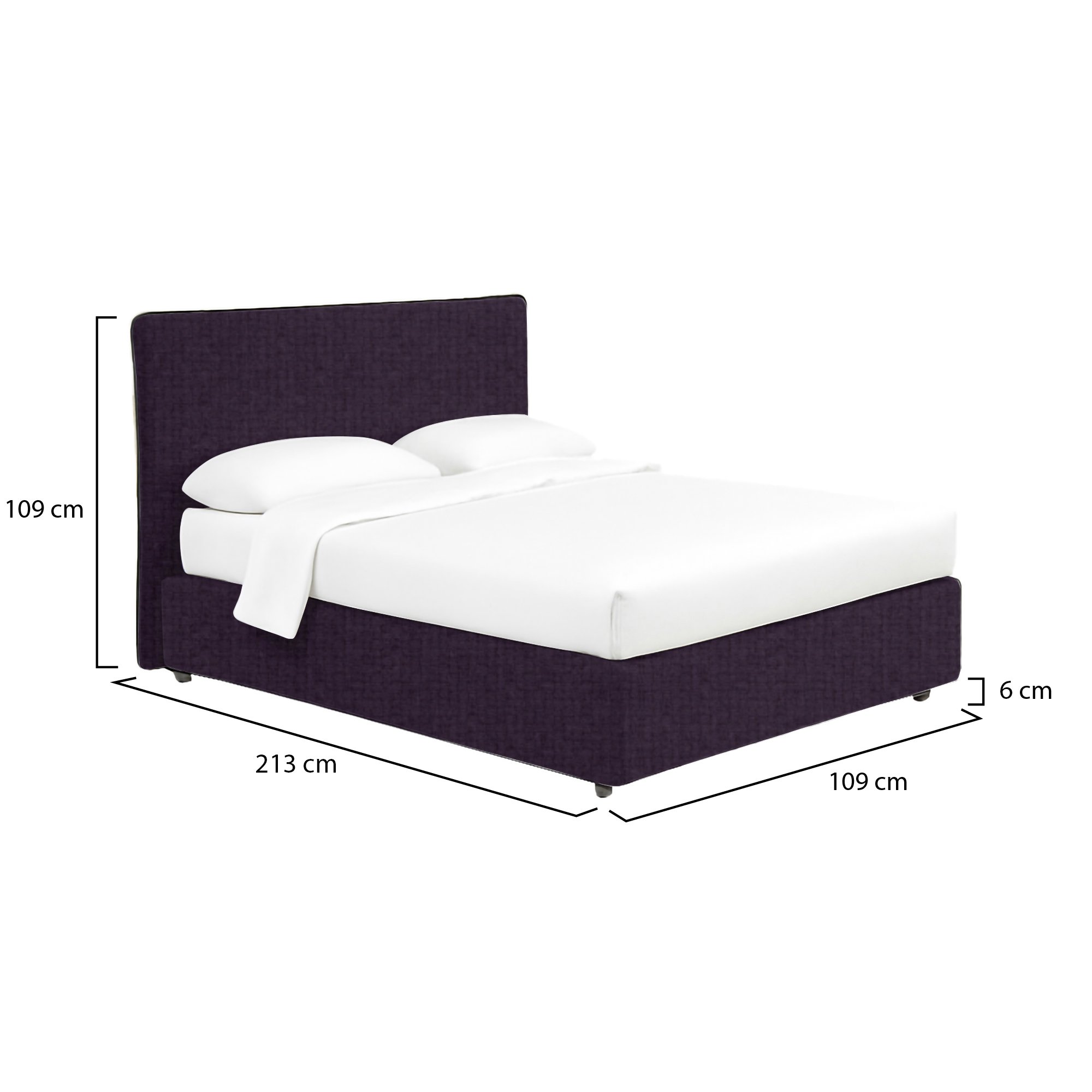 Letto singolo in tessuto viola con contenitore e caratteristiche tecniche