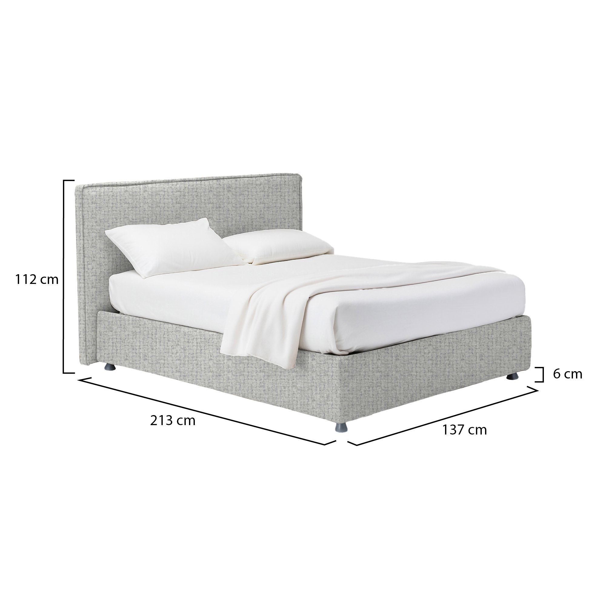 Letto piazza e mezza grigio chiaro con contenitore e dimensioni in cm