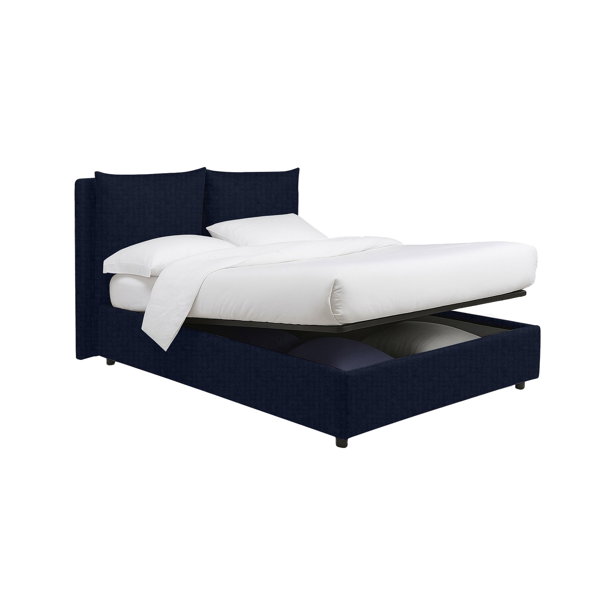 Letto singolo viola scuro con dettagli in tessuto sfoderabile e contenitore integrato