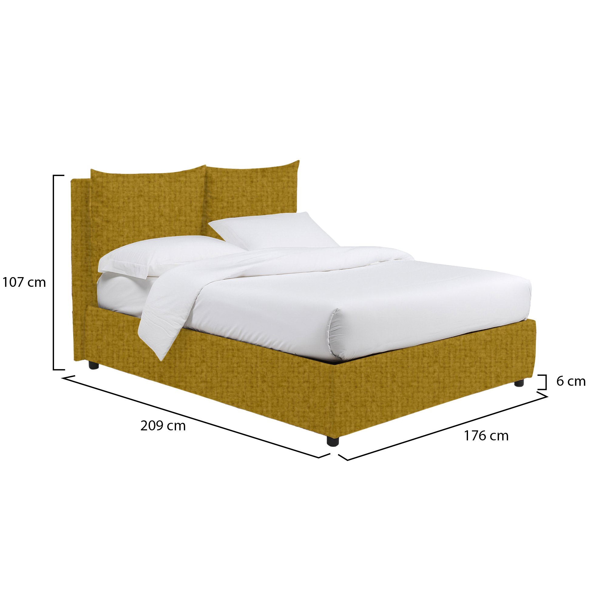 Letto matrimoniale giallo ocra Dmora, struttura legno e metallo, con contenitore