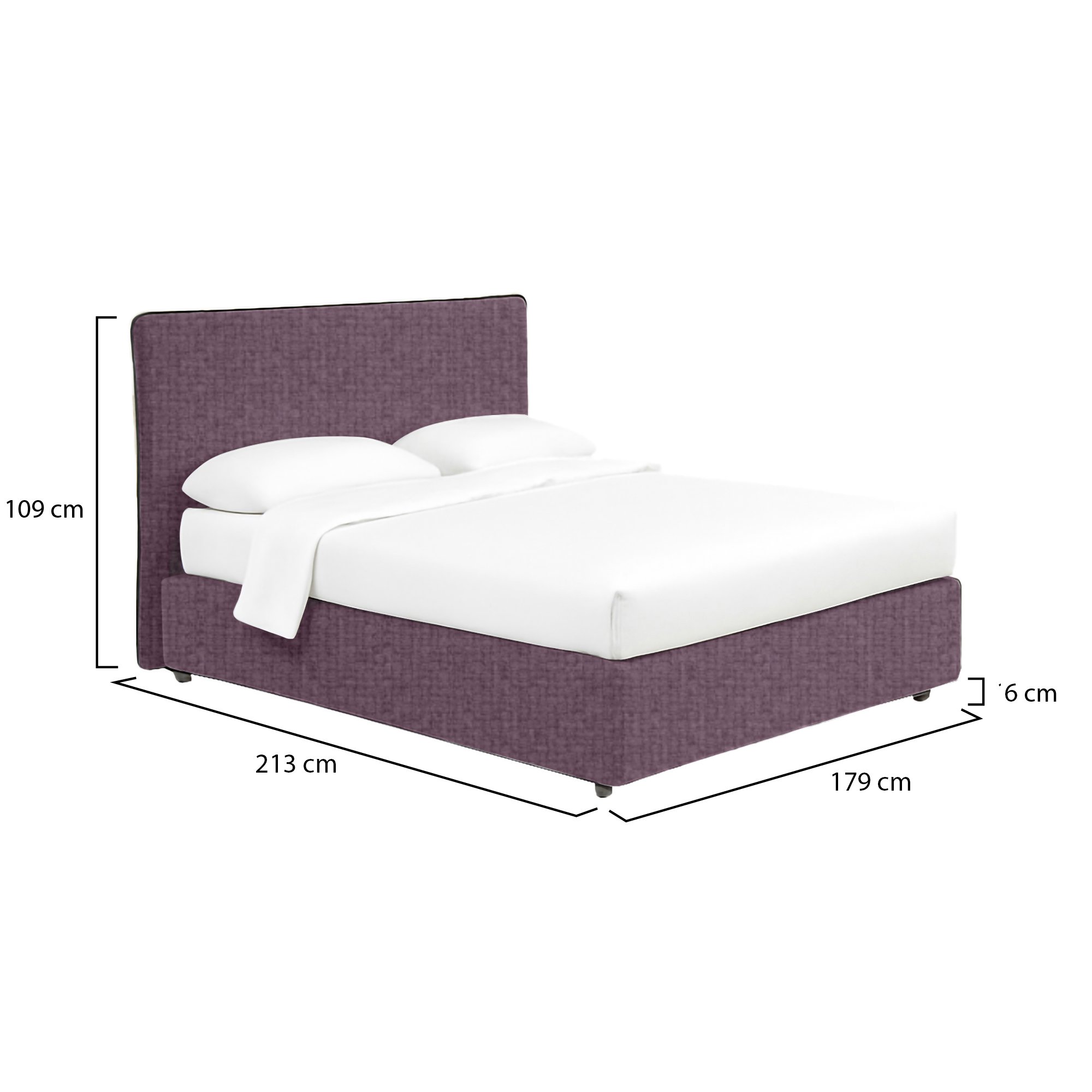 Letto matrimoniale in tessuto viola con contenitore integrato e struttura robusta