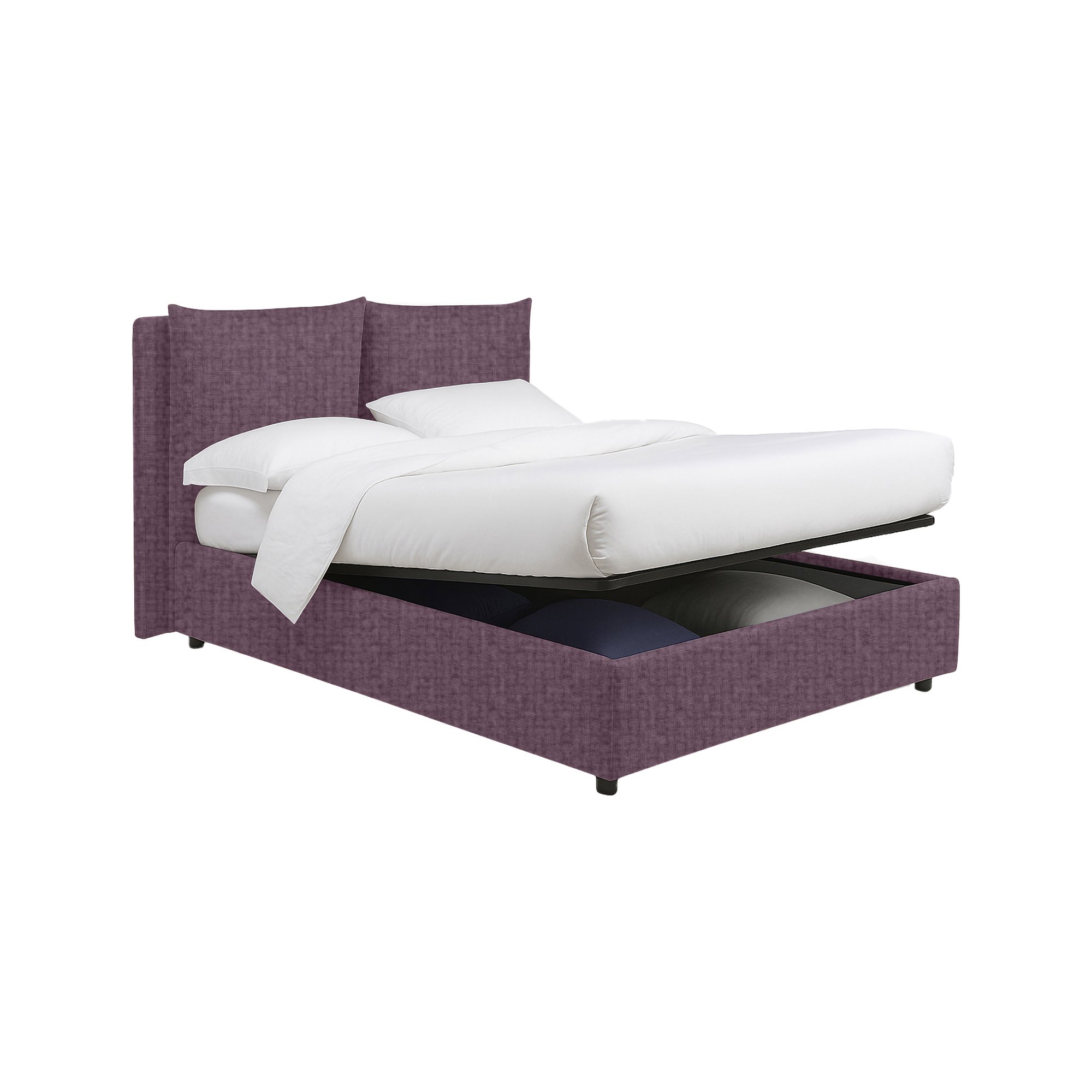 Letto piazza e mezza imbottito con contenitore in tessuto viola lilla
