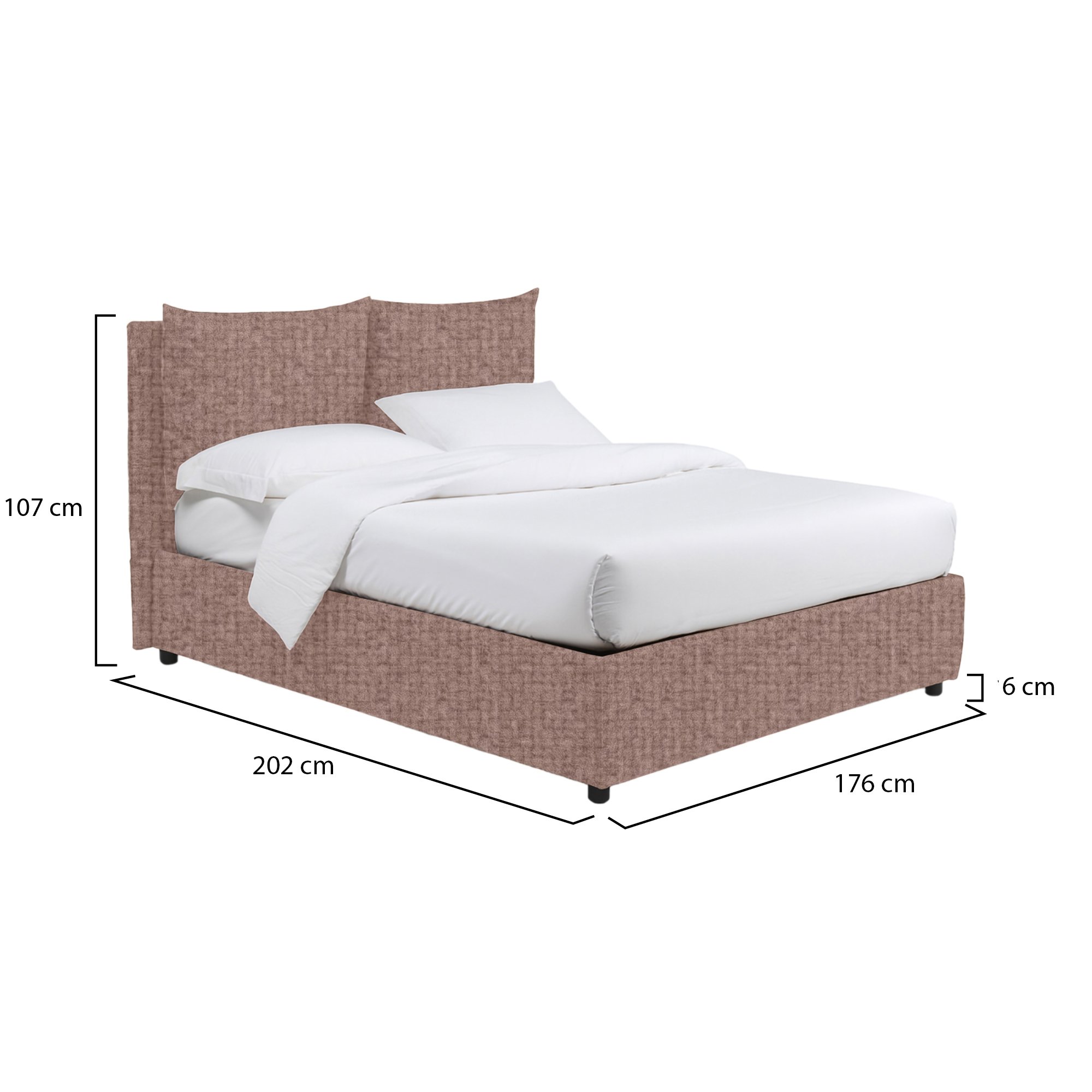 Letto matrimoniale in tessuto rosa antico con contenitore e dimensioni 202x107x176 cm