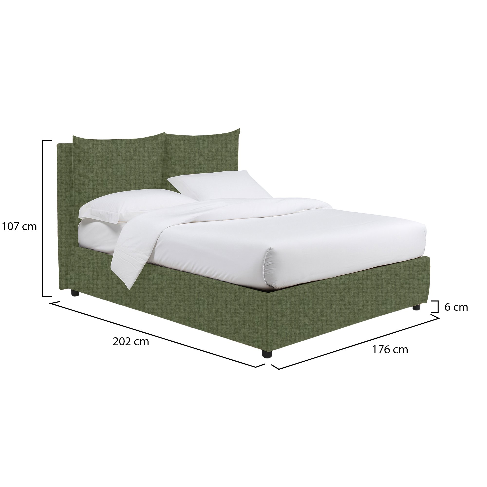 Letto matrimoniale verde con contenitore e struttura in metallo e legno