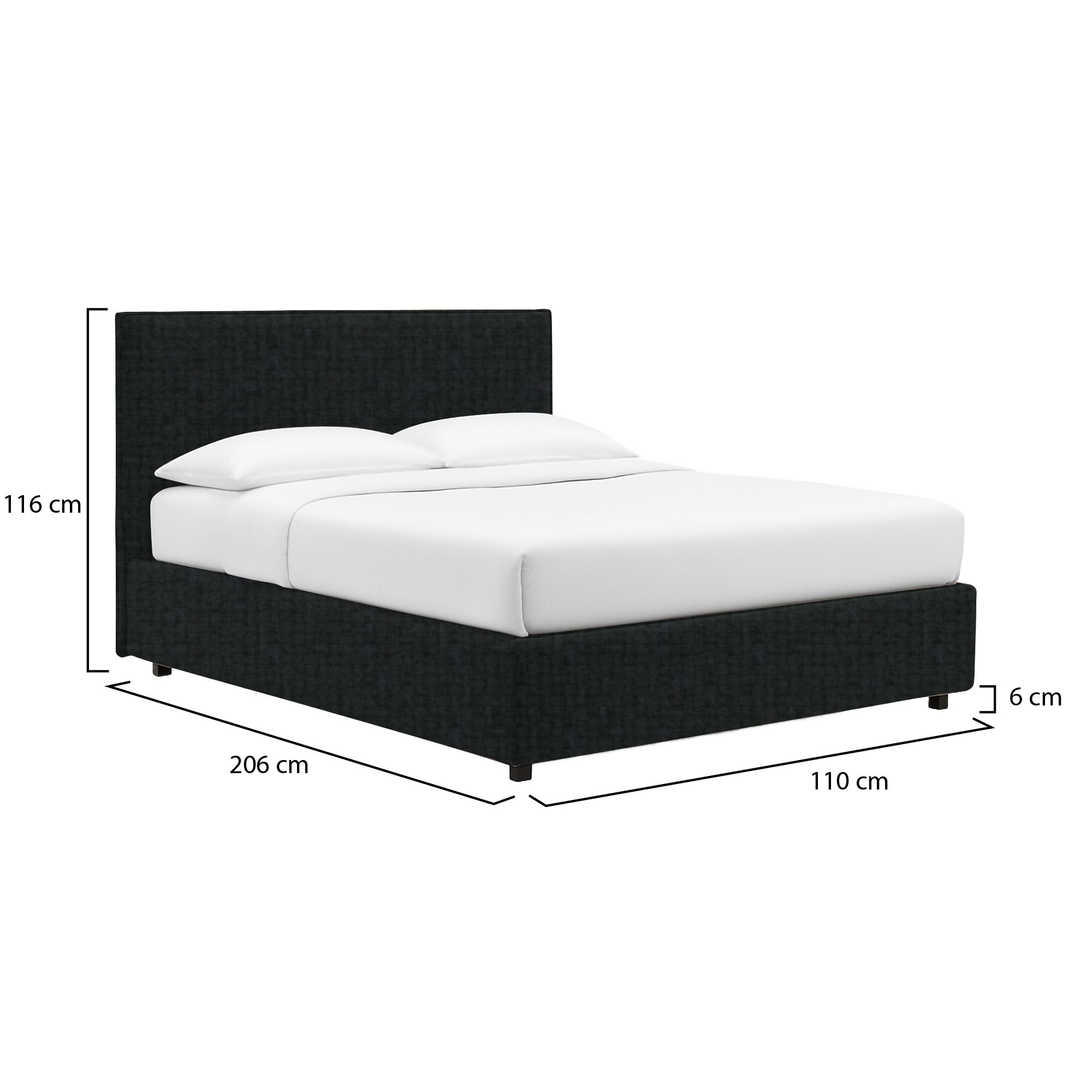 Letto singolo in tessuto grigio scuro con contenitore e rete inclusa