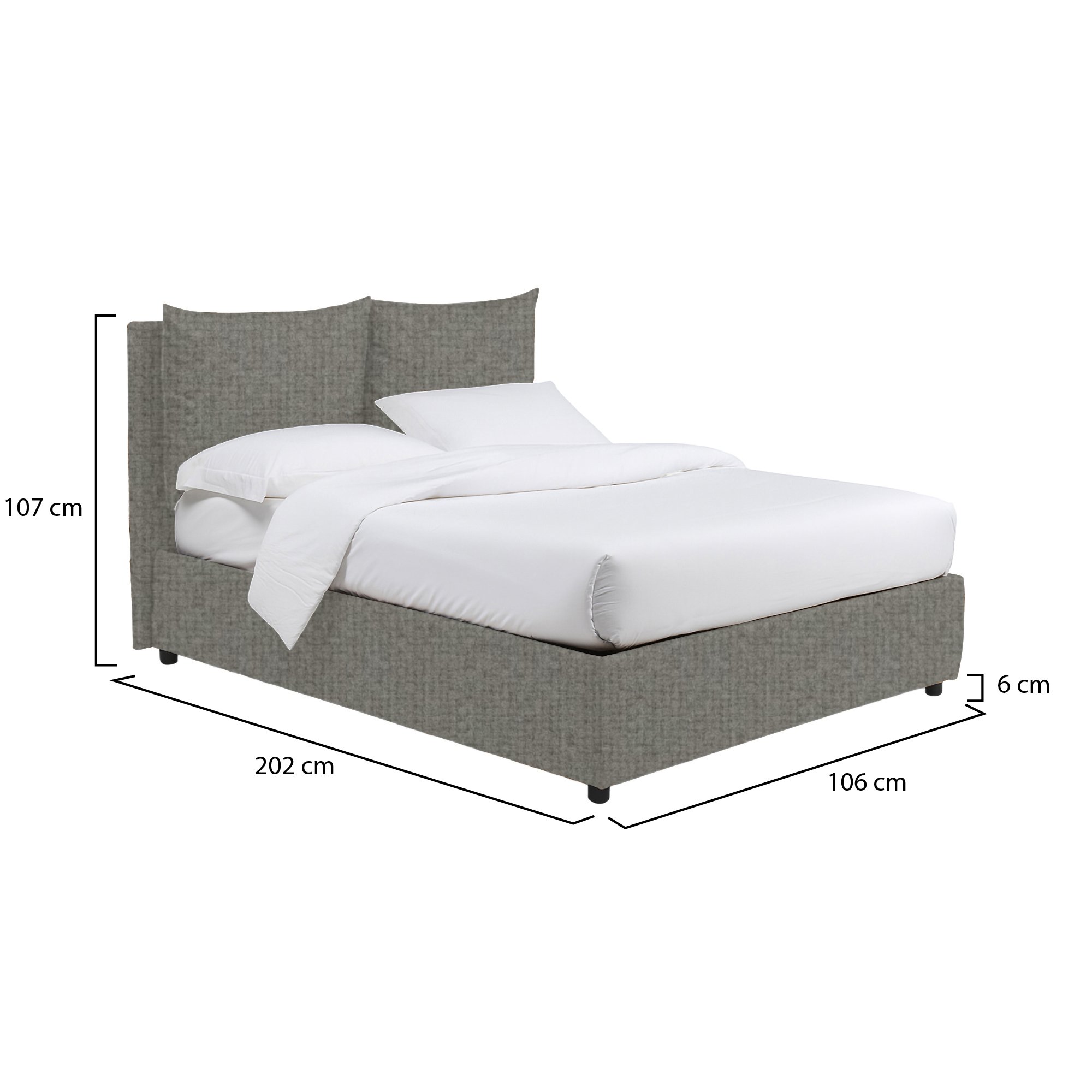 Letto singolo in tessuto grigio cenere con contenitore e struttura in metallo e legno nobilitato