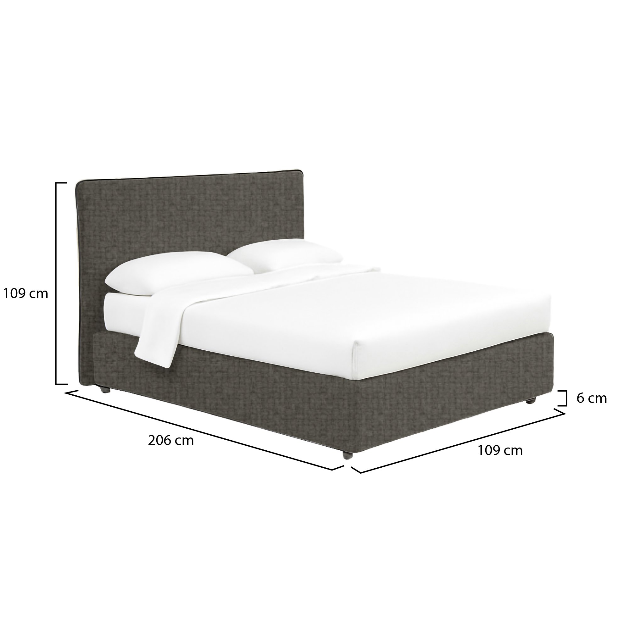 Letto singolo con contenitore e rivestimento grigio