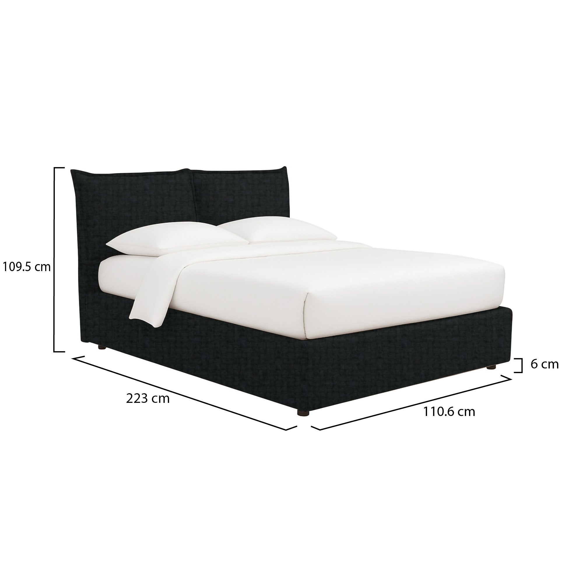 Letto singolo grigio scuro, con contenitore e struttura robusta