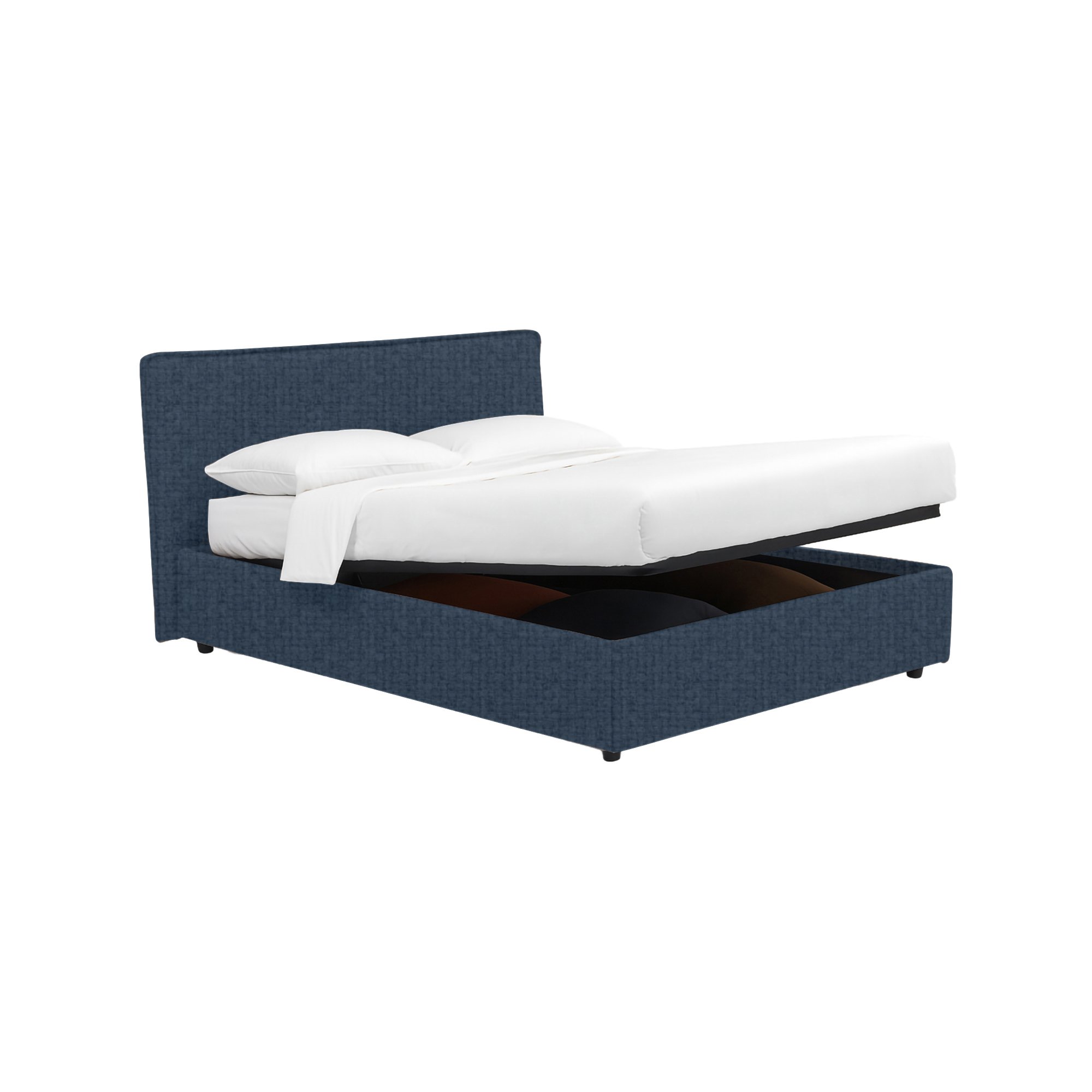 Letto singolo Dmora blu, dettagli in metallo e contenitore spazioso
