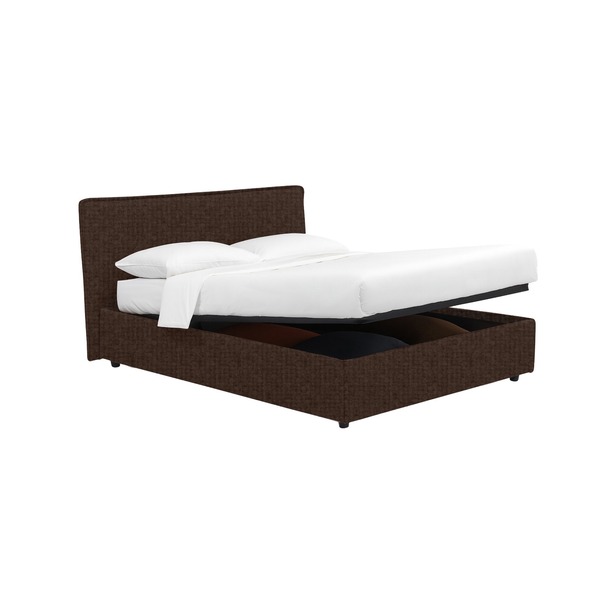 Letto piazza e mezza con contenitore, tessuto marrone, struttura in metallo e legno nobilitato