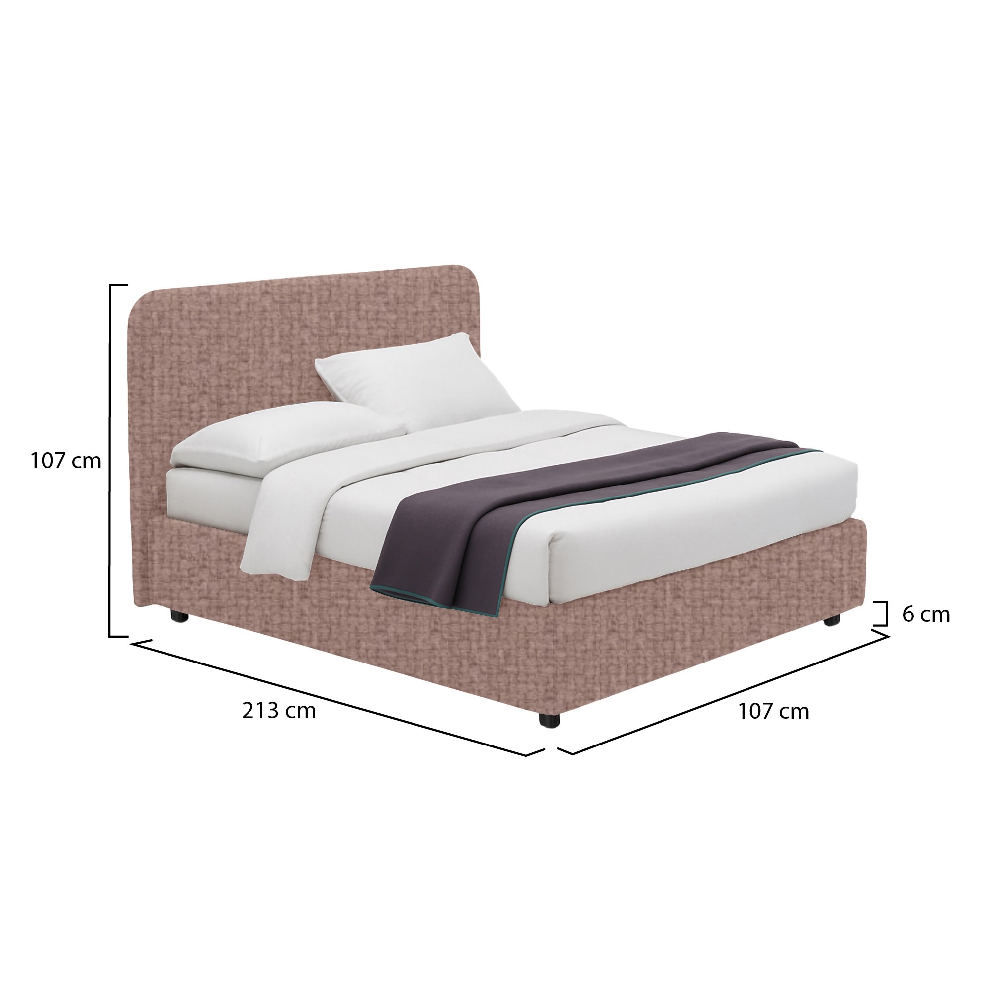 Letto singolo rosa antico, struttura metallo e legno, contenitore