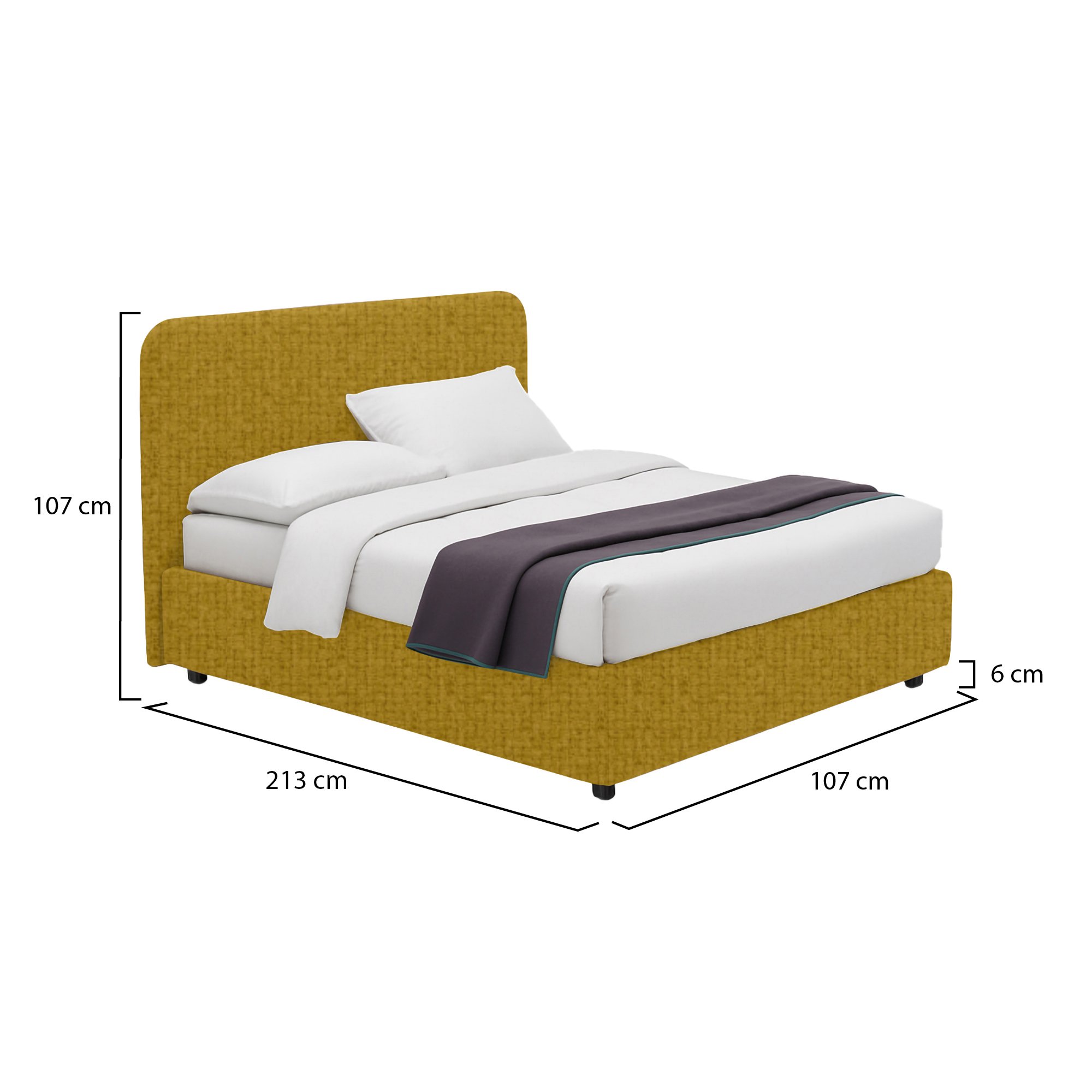 Letto singolo giallo ocra con contenitore e struttura in metallo