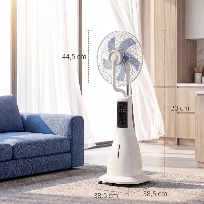 Stehventilator mit Wassernebel, 75° Oszillation, 3 Geschwindigkeiten, 3 Modi, Weiß