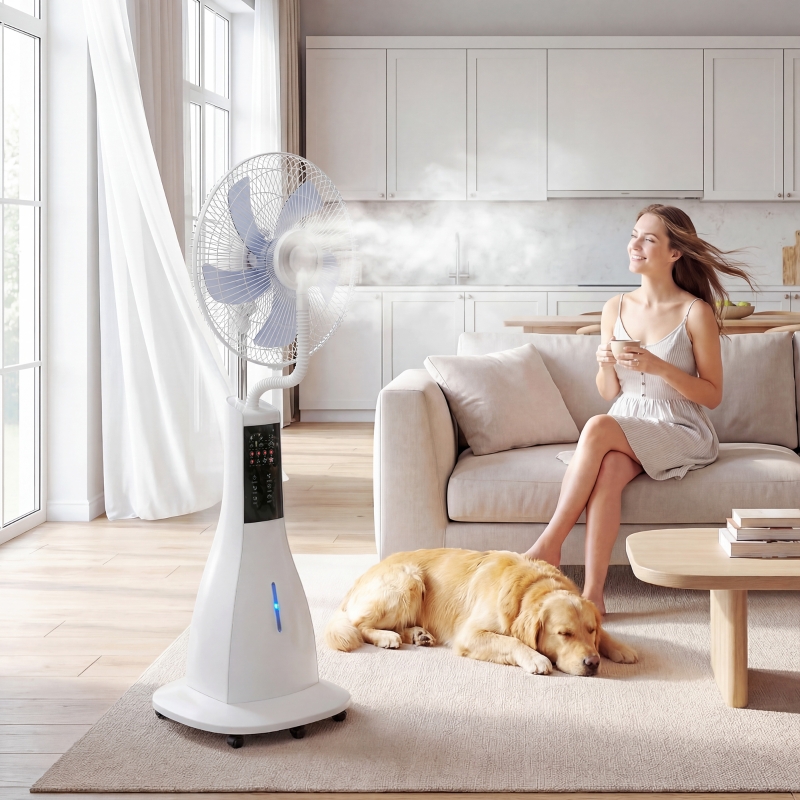 Stehventilator mit Wassernebel, 75° Oszillation, 3 Geschwindigkeiten, 3 Modi, Weiß