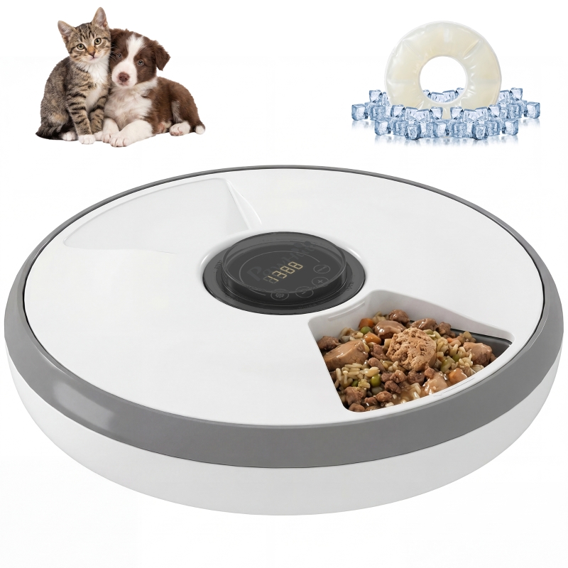Distributore Automatico Cibo Gatti e Cani con Timer e Display LED, 1-6 Pasti al Giorno, per Cibo Secco e Umido