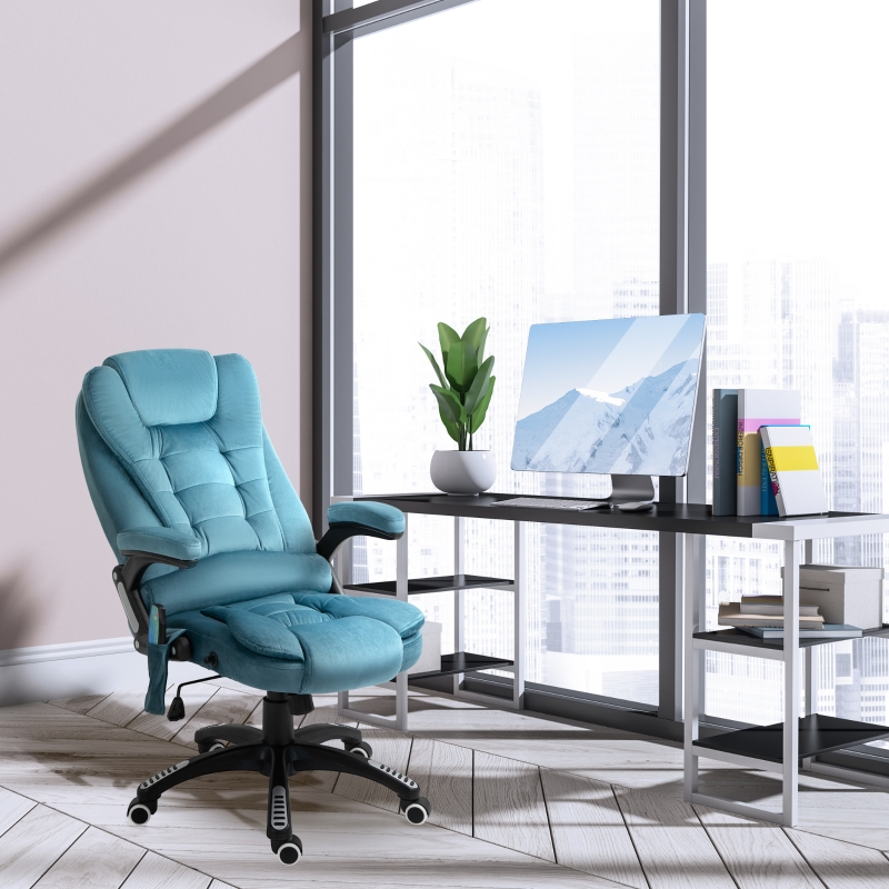 Vinsetto Fauteuil de bureau massant et chauffant, chaise de bureau, chaise ergonomique avec hauteur réglable, dossier inclinable et télécommande filaire, pivotant à 360° tissu en polyester bleu