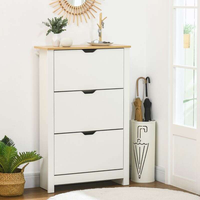 Slim Shoe Cabinet, Narrow Shoe Cupboard with 3 Flip Drawers, Adjustable Shelves for 18 Pairs of Shoes for Hallway, White