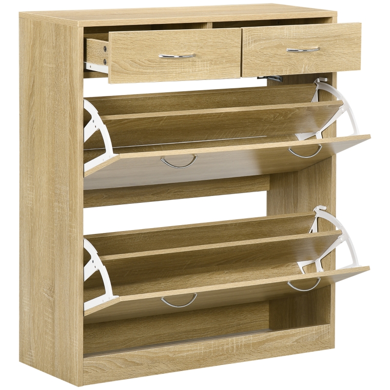 Meuble à chaussures 2 tiroirs et 2 portes abattantes avec étagère réglable 80 x 30 x 91,5 cm poignées alu. naturel