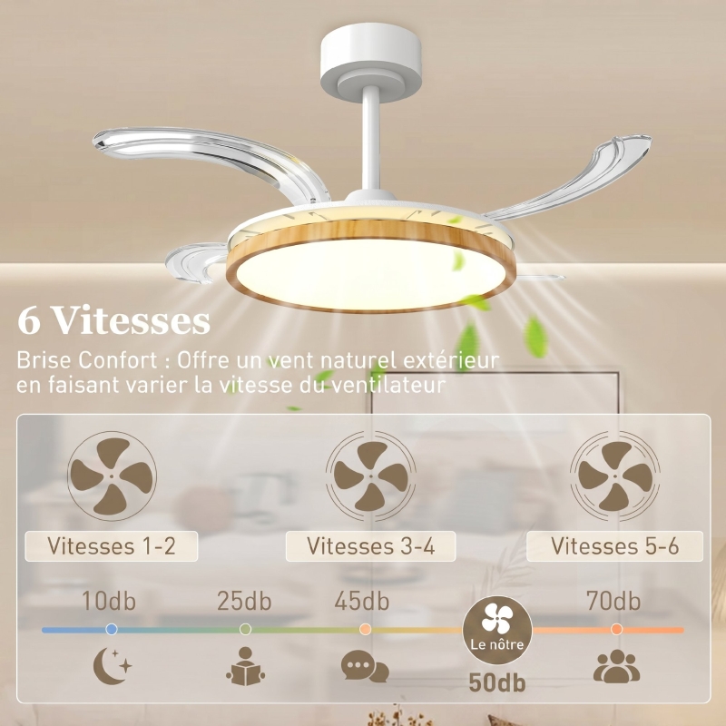 Ventilateur de plafond avec lumière et télécommande, plafonnier ventilateur 95 cm avec pales rétractables, bois naturel