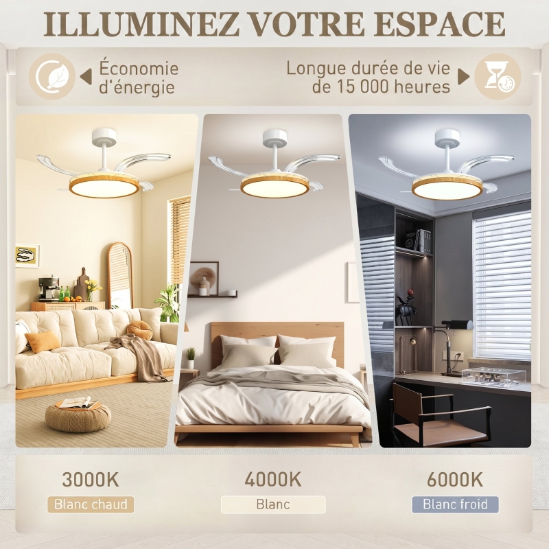 Ventilateur de plafond avec lumière et télécommande, plafonnier ventilateur 95 cm avec pales rétractables, bois naturel