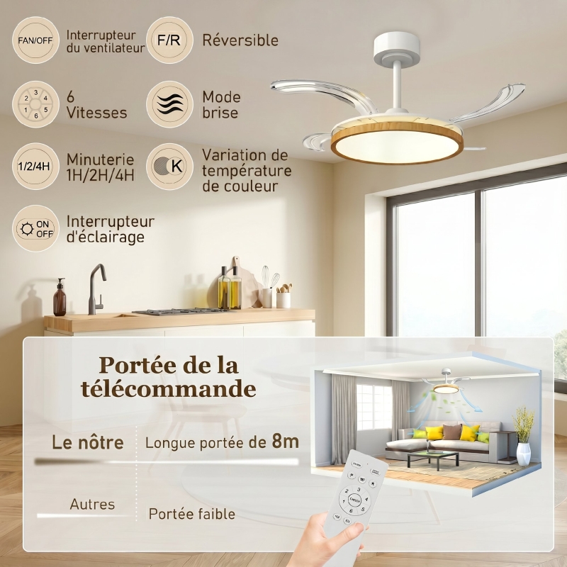 Ventilateur de plafond avec lumière et télécommande, plafonnier ventilateur 95 cm avec pales rétractables, bois naturel