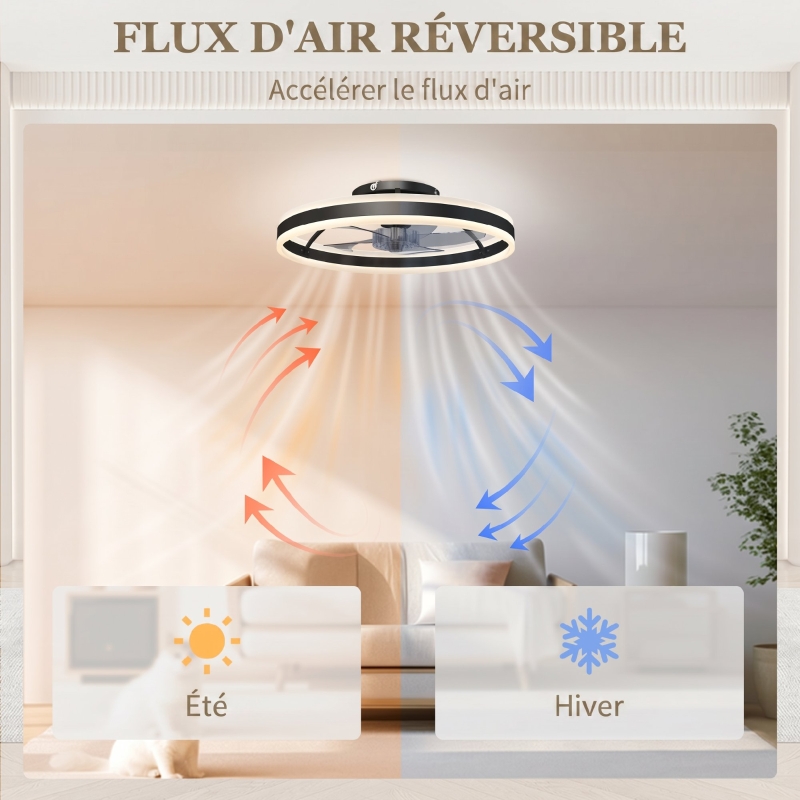 Ventilateur de plafond avec lumière et télécommande, plafonnier ventilateur 50 cm avec 6 vitesses, noir