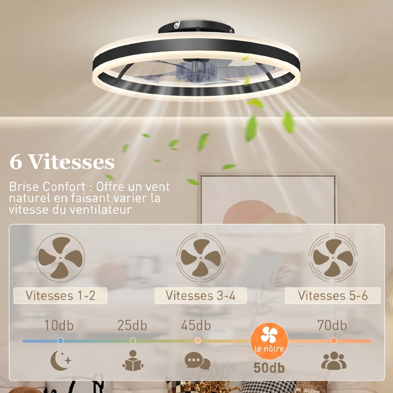 Ventilateur de plafond avec lumière et télécommande, plafonnier ventilateur 50 cm avec 6 vitesses, noir