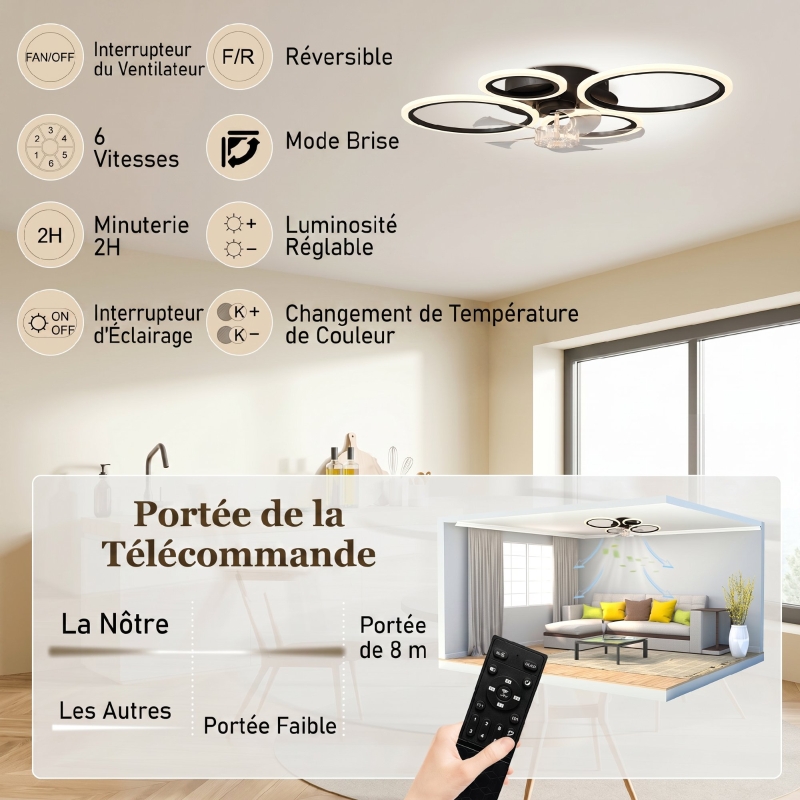 Ventilateur de plafond avec lumière et télécommande, plafonnier ventilateur 77 cm avec 6 vitesses, noir