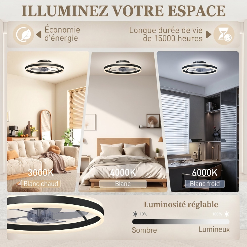 Ventilateur de plafond avec lumière et télécommande, plafonnier ventilateur 50 cm avec 6 vitesses, noir