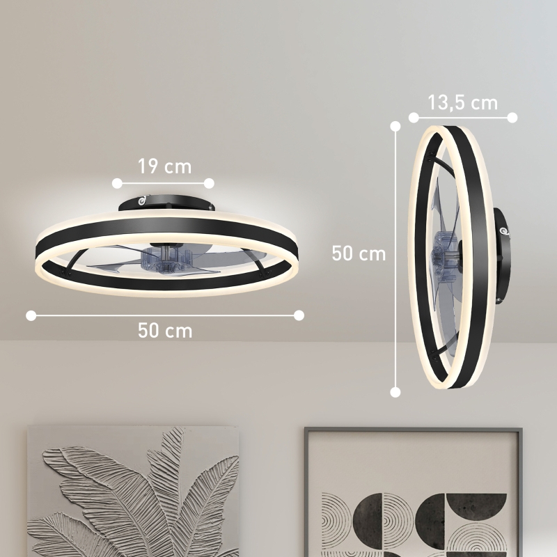 Ventilateur de plafond avec lumière et télécommande, plafonnier ventilateur 50 cm avec 6 vitesses, noir