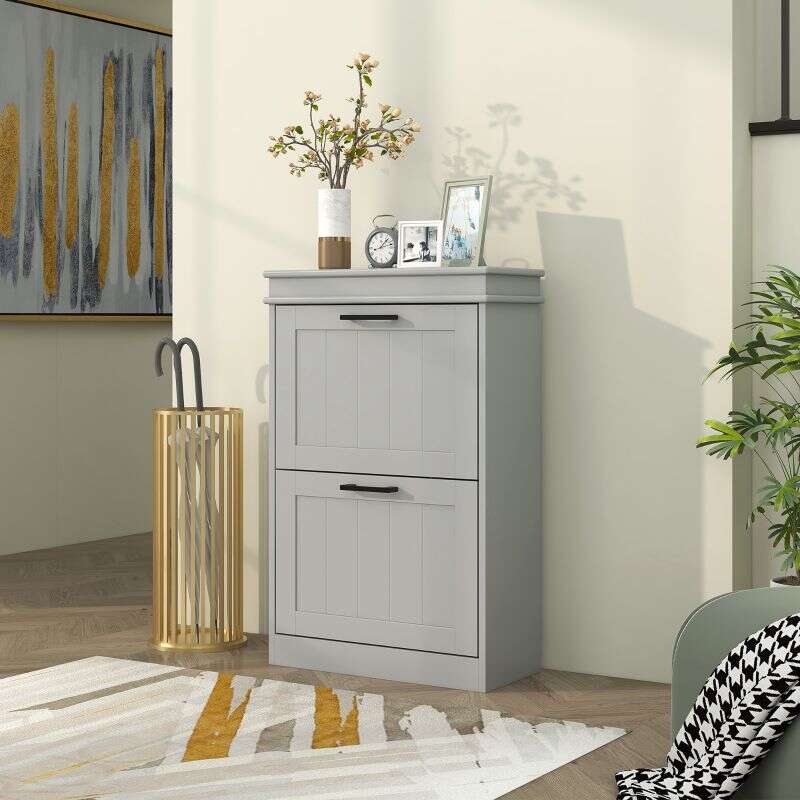 Two-Drawer Minimalistic 10-Shoe Cabinet - Grey