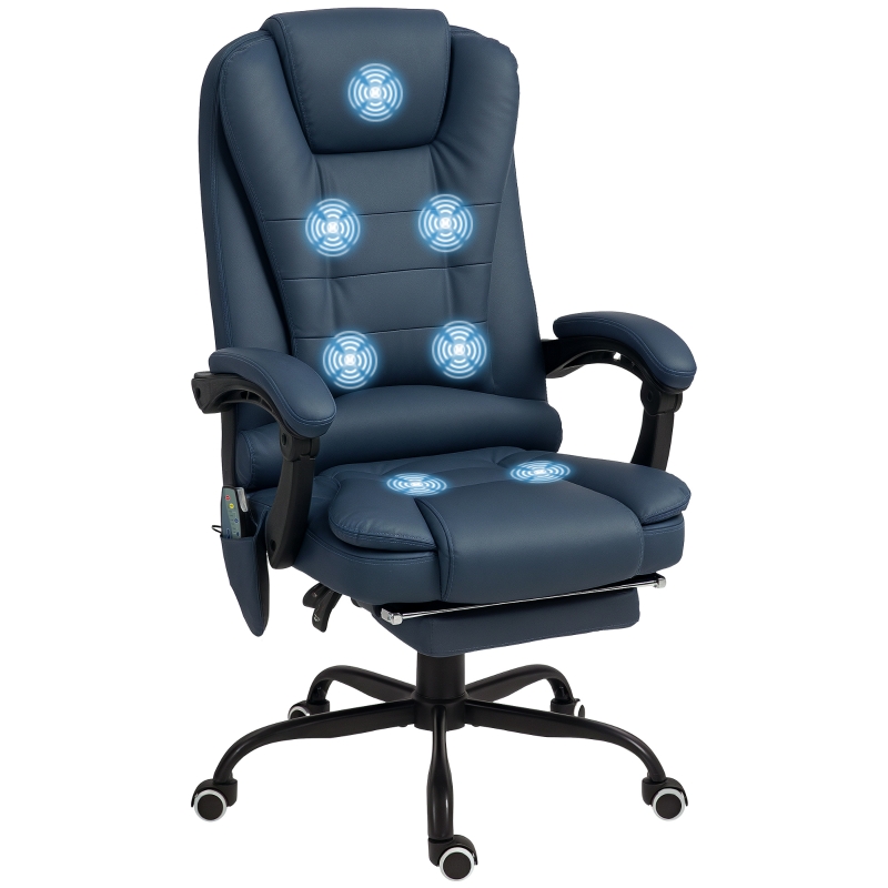 Fauteuil de bureau massant, chaise de bureau avec hauteur réglable, dossier inclinable et télécommande filaire, bleu