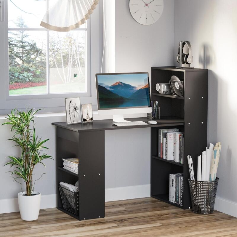 HOMCOM 120cm Computer Desk, Wooden PC Laptop Table with 6-Tier Storage Bookshelves, Home Office Working Study Desk, Writing Workstation, Black