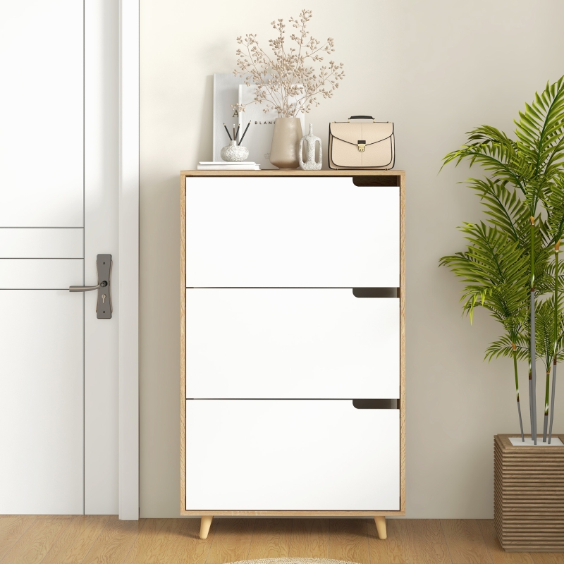 Meuble à chaussures 3 abattants avec étagère réglable, 72L x 24P x 119H cm, naturel et blanc