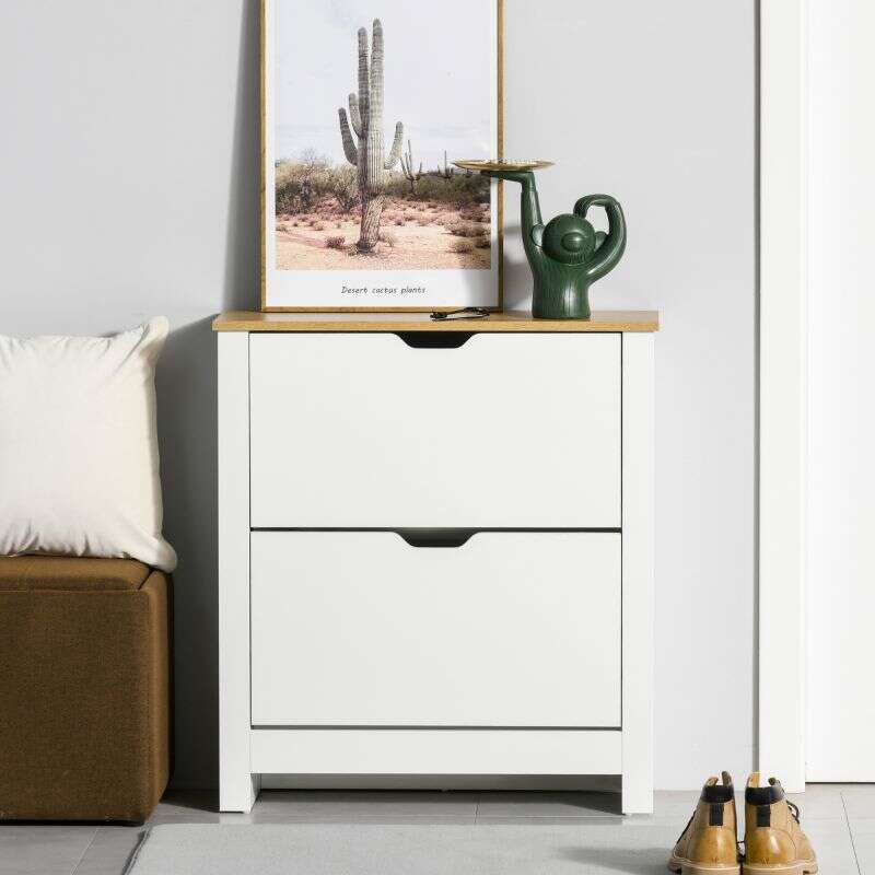 HOMCOM Narrow Shoe Cabinet, Space Saving Shoe Storage Cabinet with 2 Flip Drawers and Adjustable Shelves for 6-12 Pairs of Shoes for Hallways and Living Room, White