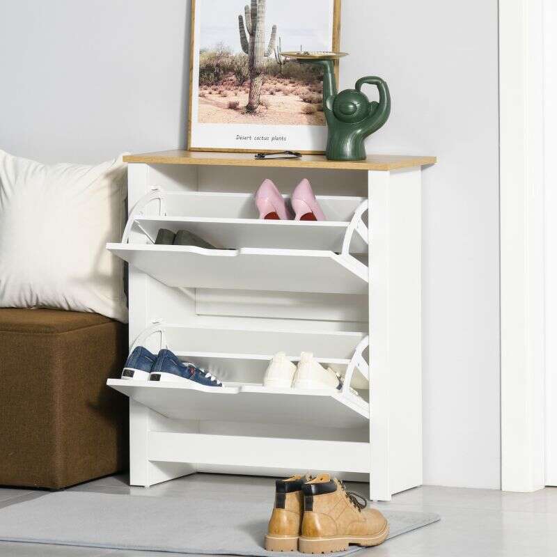 HOMCOM Narrow Shoe Cabinet, Space Saving Shoe Storage Cabinet with 2 Flip Drawers and Adjustable Shelves for 6-12 Pairs of Shoes for Hallways and Living Room, White