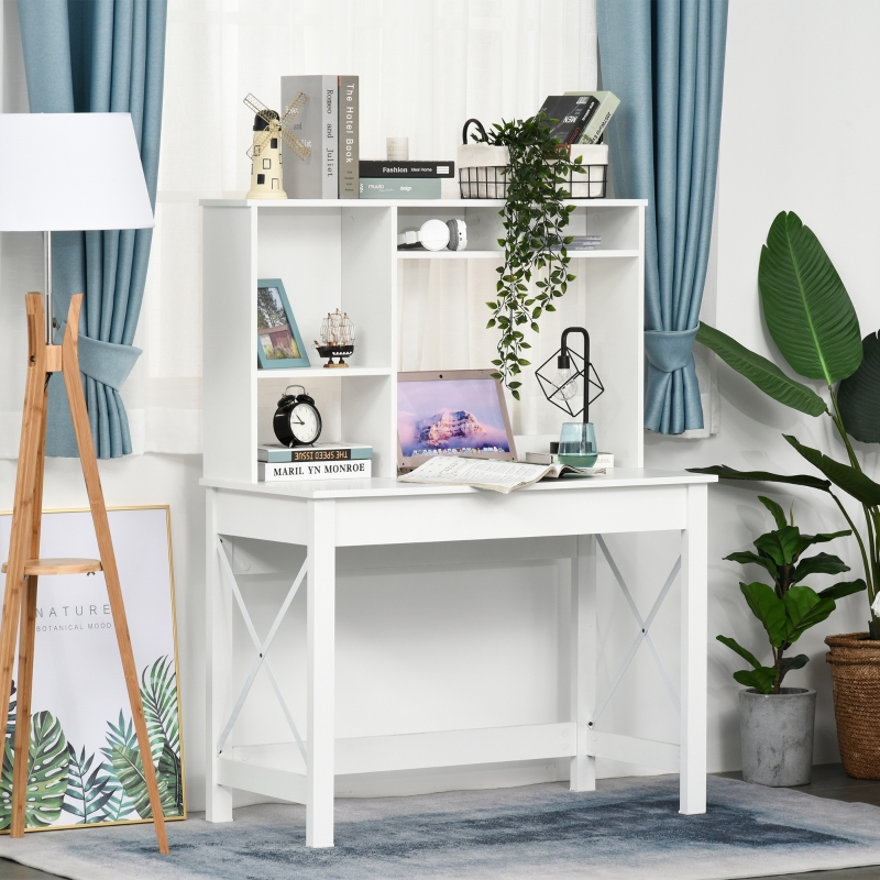 HOMCOM Bureau avec rangement bureau bibliothèque en bois moderne avec étagères et grand plateau pour petits espaces maison chambre à coucher, 105 x 50 x 137,5 cm, blanc