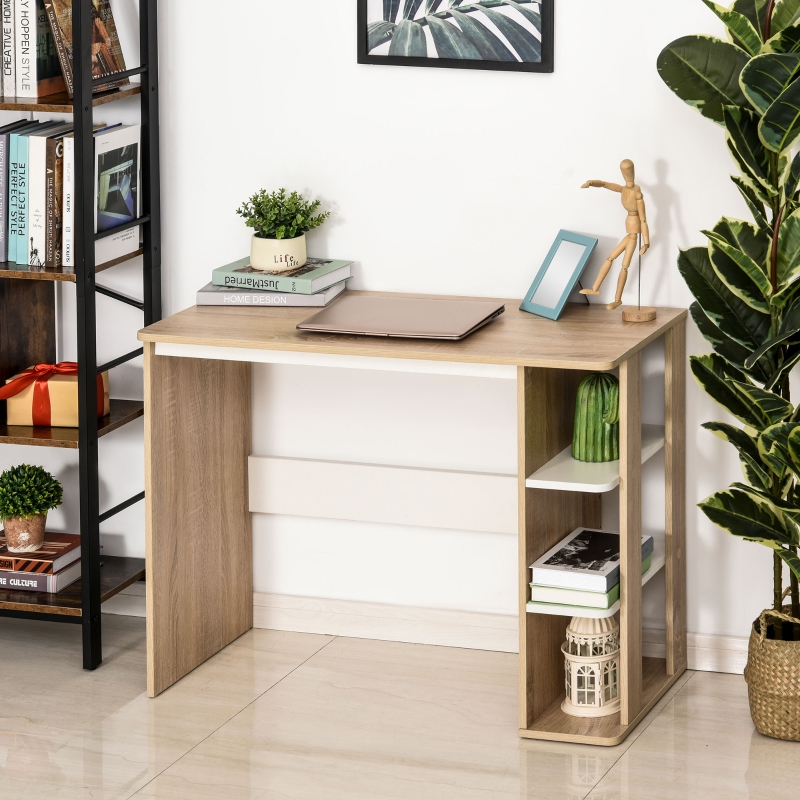 HOMCOM Bureau Informatique Table d'ordinateur dim. 100L x 44l x 74H cm 3 étagères latérales en Bois Couleur chêne Clair Blanc