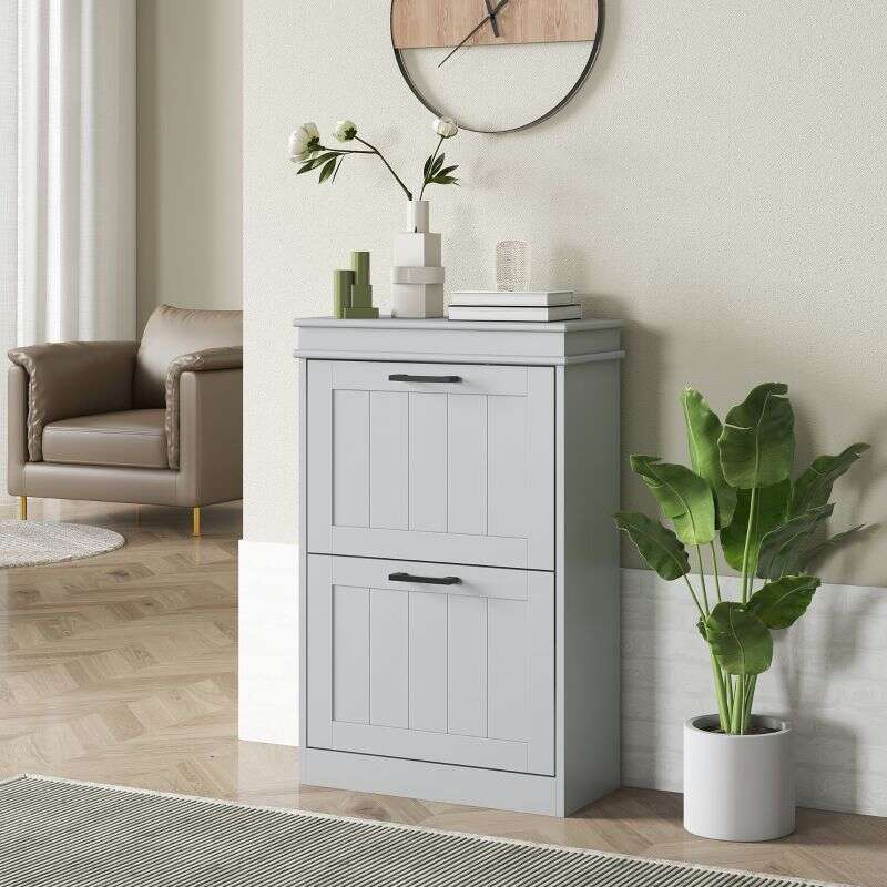 Two-Drawer Minimalistic 10-Shoe Cabinet - Grey