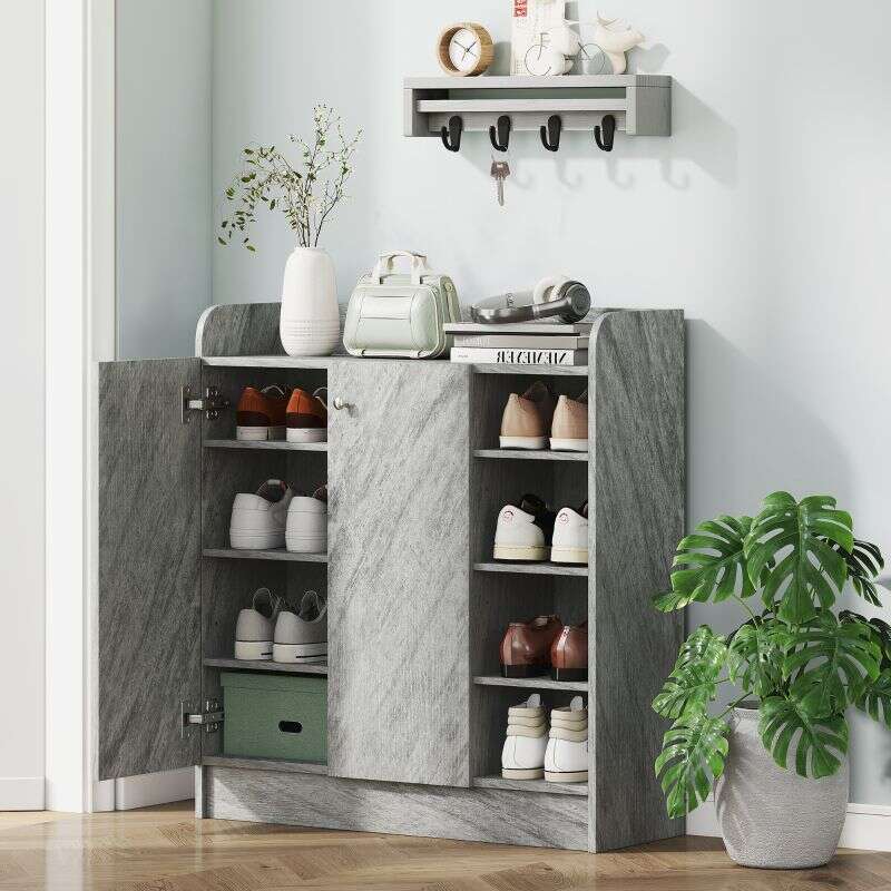 Meuble de rangement à chaussures pour entrée avec 4 compartiments ouverts et placard double porte - étagère réglable