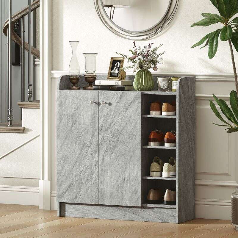 Meuble de rangement à chaussures pour entrée avec 4 compartiments ouverts et placard double porte - étagère réglable