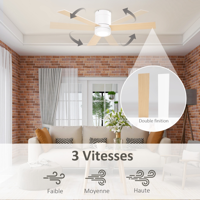 Ventilateur de plafond 2 en 1 avec lumière LED 3 vitesses silencieux - télécommande - diamètre 112 cm, naturel et blanc