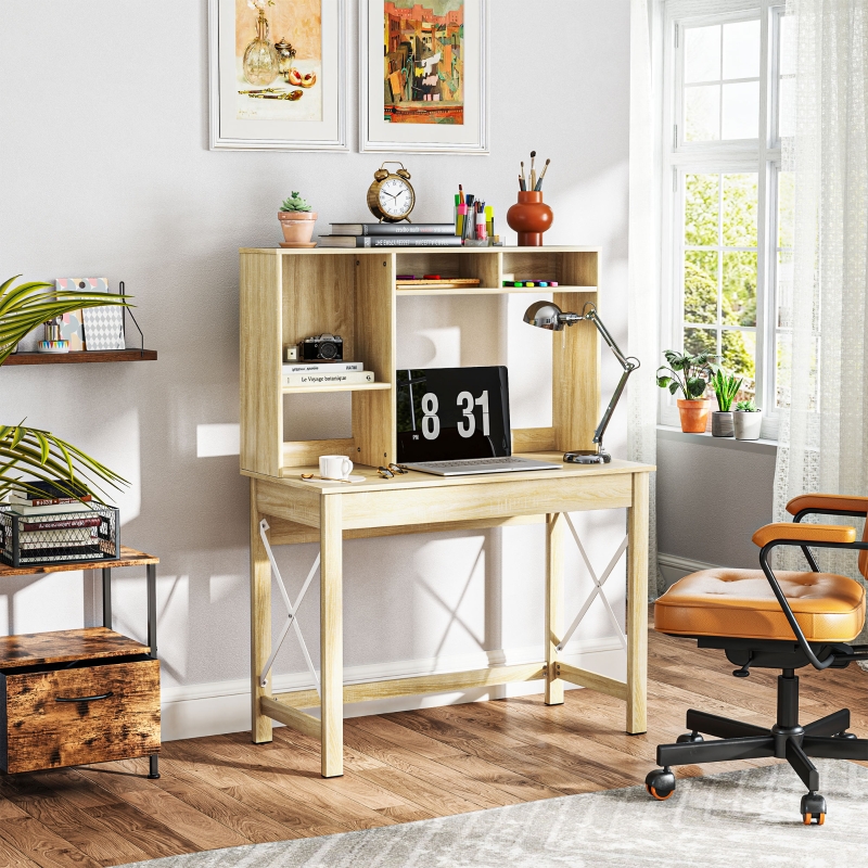 Bureau avec rangement bureau bibliothèque en bois avec étagères et grand plateau pour petits espaces, aspect chêne