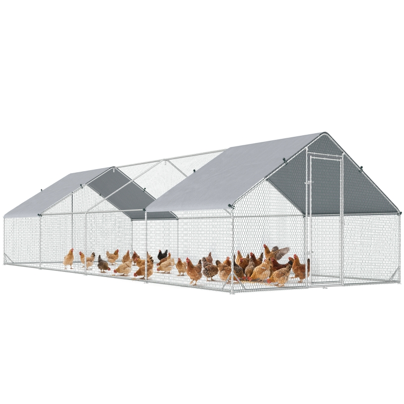 Chicken Run Galvanised Walk-in Chicken Coop Hen Poultry House Cage Rabbit Hutch with Water-Resist Cover, 3 x 8 x 2m
