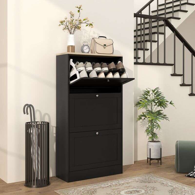 Modern Compact Three-Drawer Shoe Storage Cabinet - Black