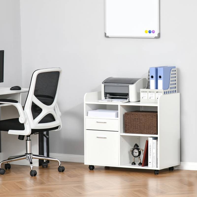 Support d'imprimante - Caisson d'organisation de Bureau Roulant - Dim. 80l x 40P x 72H cm en Bois Blanc