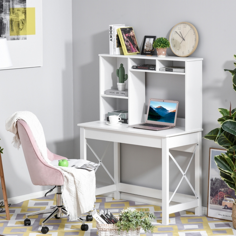 HOMCOM Bureau avec rangement bureau bibliothèque en bois moderne avec étagères et grand plateau pour petits espaces maison chambre à coucher, 105 x 50 x 137,5 cm, blanc