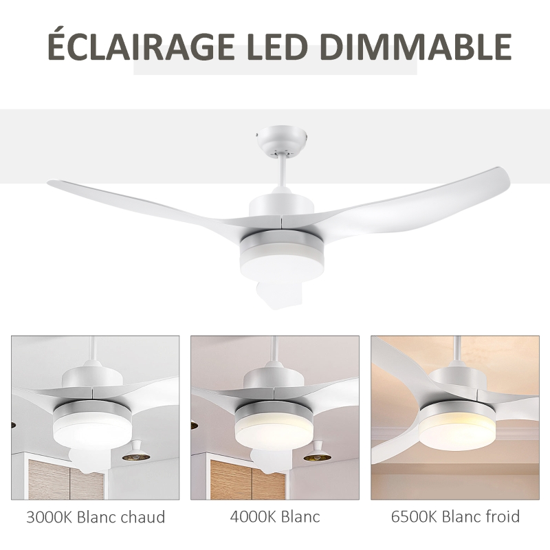 Ventilateur plafond avec lumière et télécommande 20,5 W, 6 vitesses 3 couleurs d'éclairage et minuterie, 132 cm, blanc