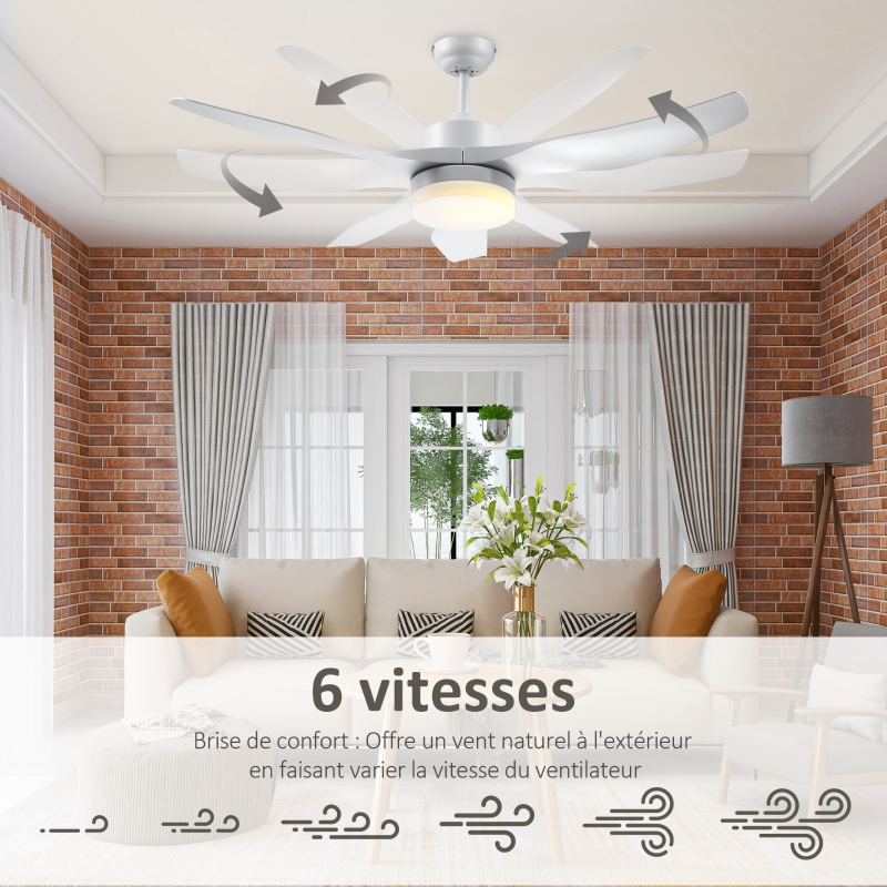 Ventilateur plafond avec lumière et télécommande 20,5 W, 6 vitesses 3 couleurs d'éclairage et minuterie, 132 cm, blanc