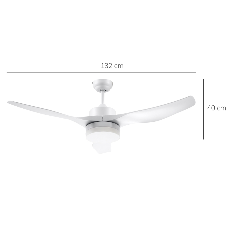 Ventilateur plafond avec lumière et télécommande 20,5 W, 6 vitesses 3 couleurs d'éclairage et minuterie, 132 cm, blanc